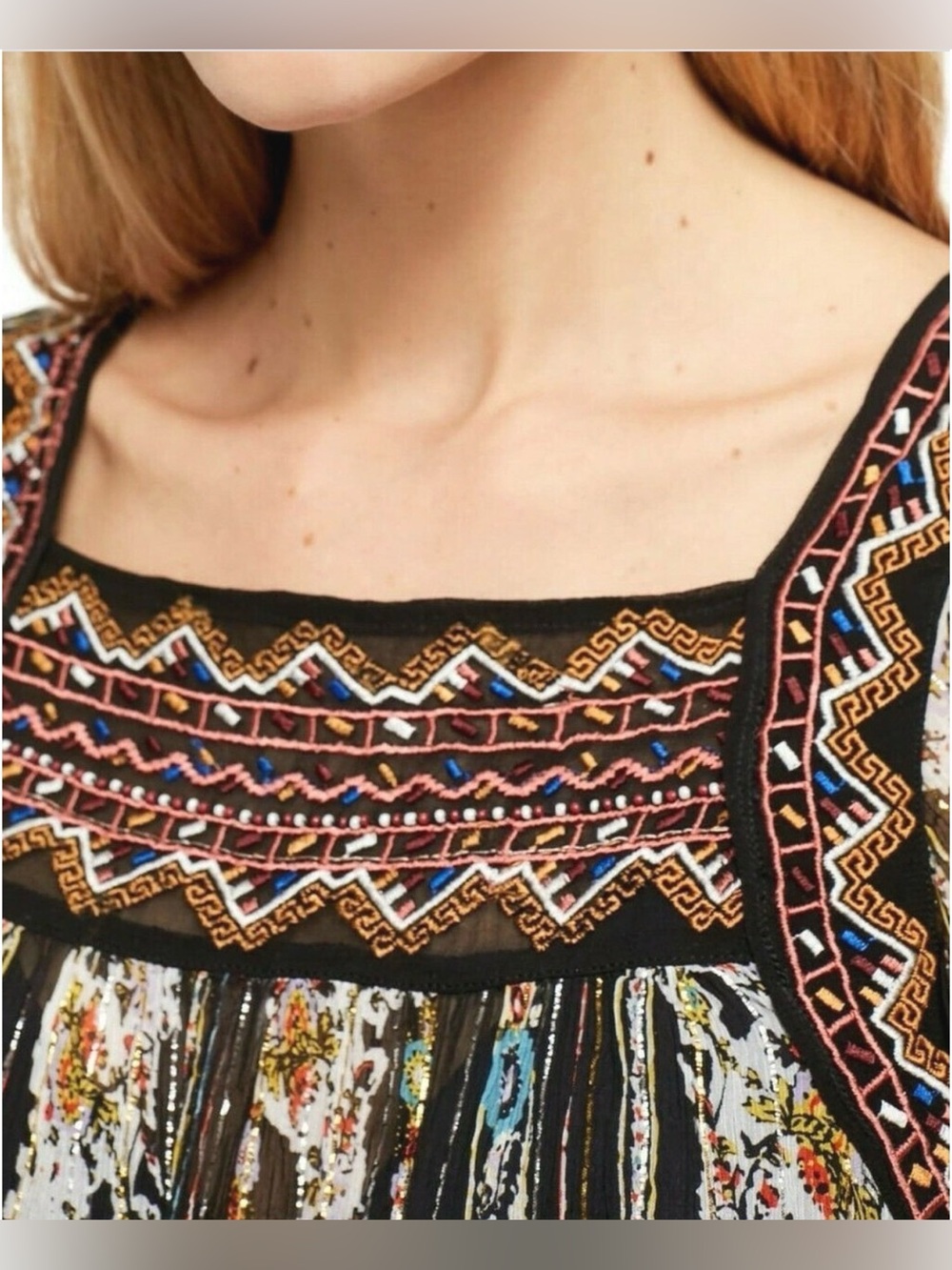 Free People Dance Magic Embroidered 3/4 Sleeve Tunic Metallic Dress - Picture 6 of 10
